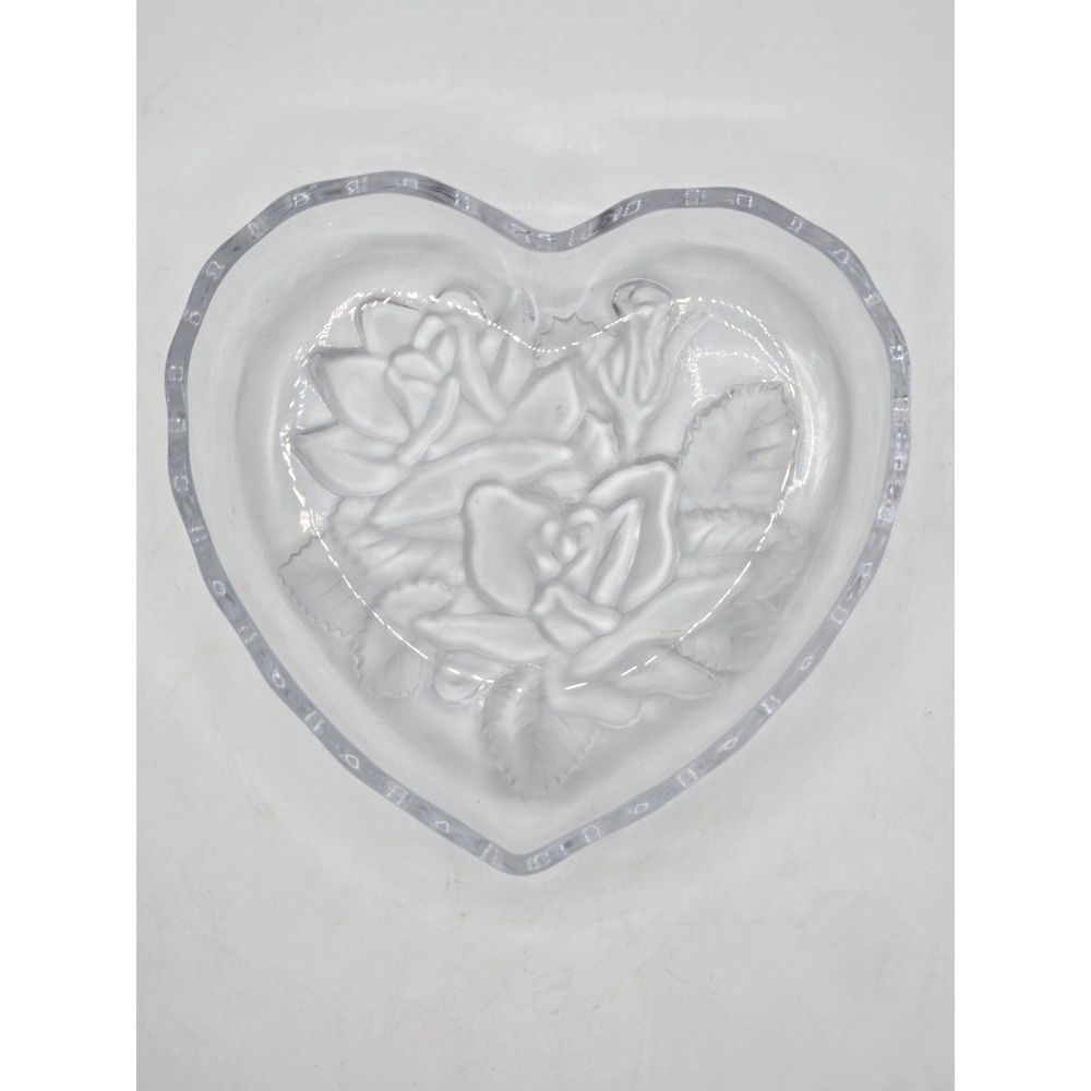 Vintage Heart-Shaped Crystal Bowl w/ Frosted Rose Design Scalloped Edge
